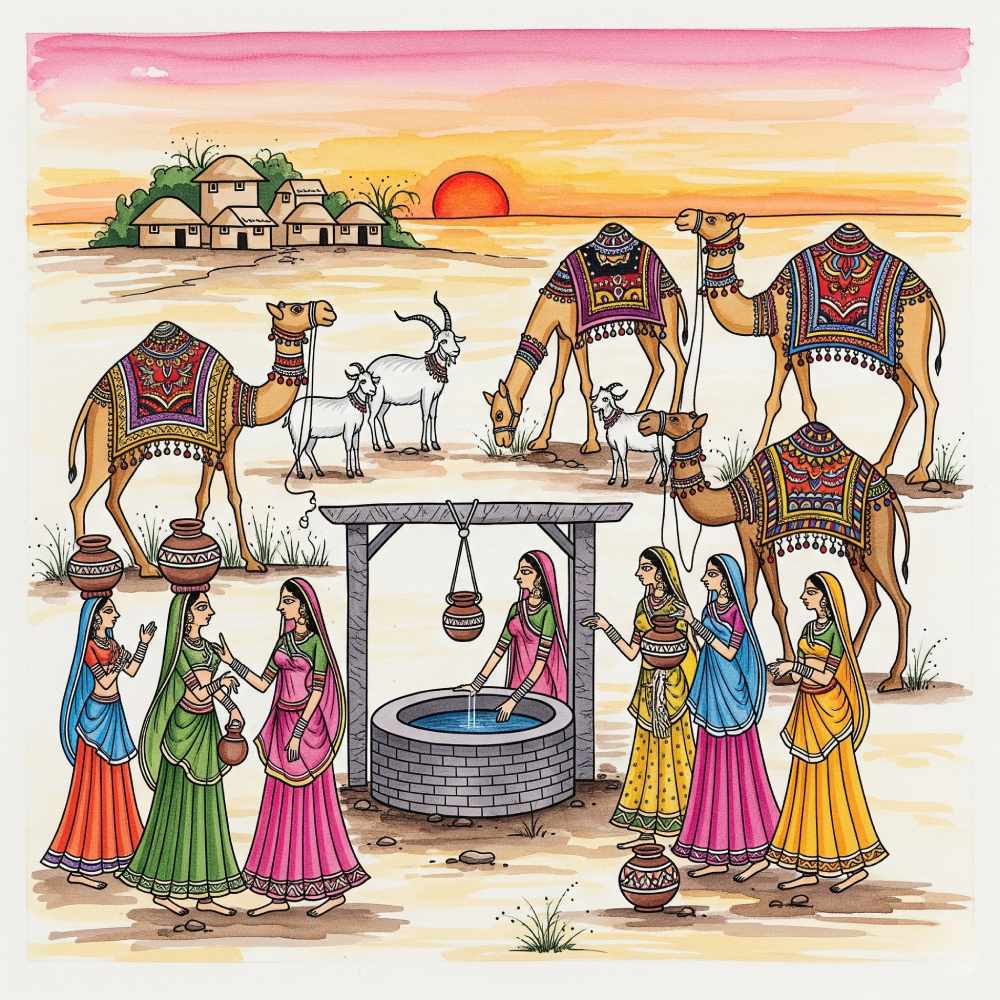 Rajasthani Village Women at Well – Traditional Desert Art