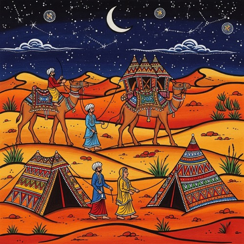 Rajasthani Desert Night Scene – Camel Caravan Art