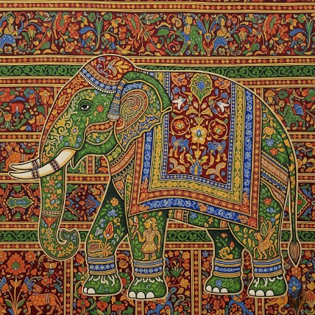 Assamese Silk Weaving Art Green Elephant Painting