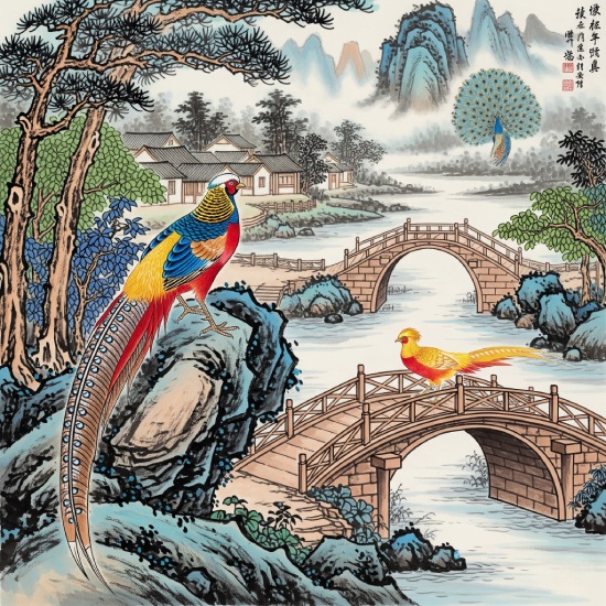 Chinese Diverse Theme Art Birds and Bridges Scenic Wall Art