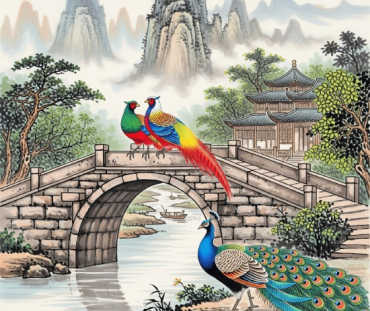 Chinese Diverse Theme Art Birds on Bridge Printable Wall Art