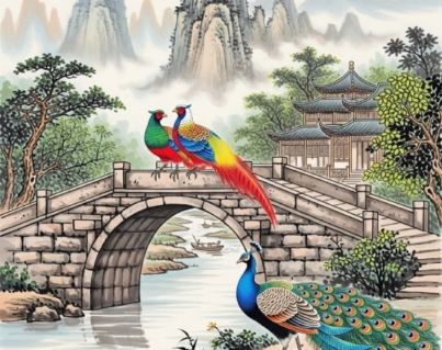 Chinese Diverse Theme Art Birds on Bridge Printable Wall Art