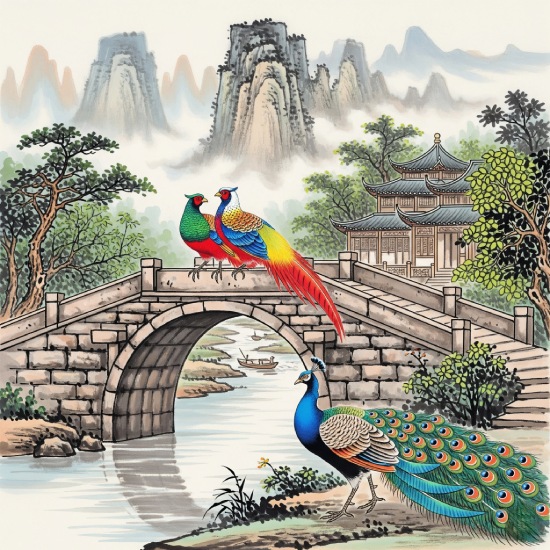 Chinese Diverse Theme Art Birds on Bridge Printable Wall Art