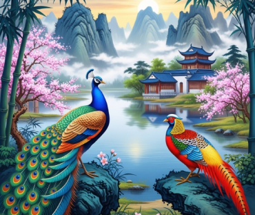 Chinese Diverse Theme Art Lake & Birds Digital Painting