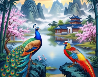 Chinese Diverse Theme Art Lake & Birds Digital Painting