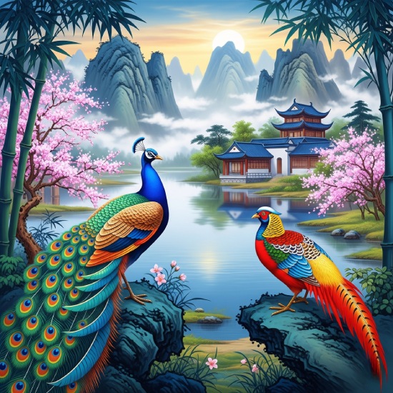 Chinese Diverse Theme Art Lake & Birds Digital Painting