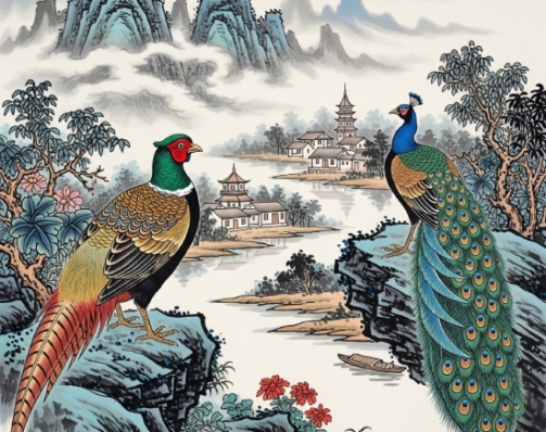 Chinese Diverse Theme Art Mountain Village Bird Wall Art