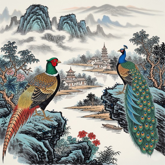 Chinese Diverse Theme Art Mountain Village Bird Wall Art