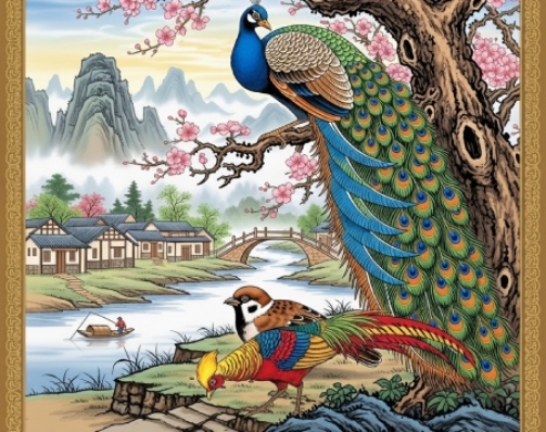 Chinese Diverse Theme Art Peacock & Birds Digital Painting