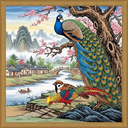 Chinese Diverse Theme Art Peacock & Birds Digital Painting