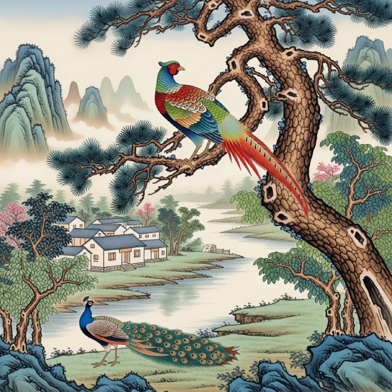 Chinese Diverse Theme Art Peacock & Pheasant Printable Wall Art