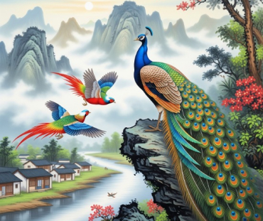 Chinese Diverse Theme Art Peacock and Birds Riverside Wall Art