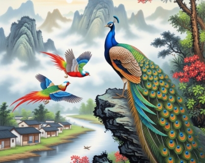Chinese Diverse Theme Art Peacock and Birds Riverside Wall Art