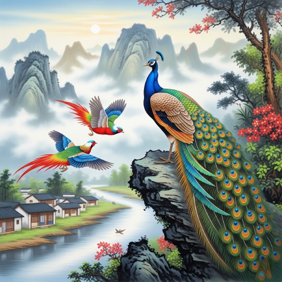 Chinese Diverse Theme Art Peacock and Birds Riverside Wall Art