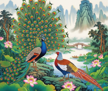 Chinese Diverse Theme Art Peacock and Pheasant Lotus Pond Wall Art