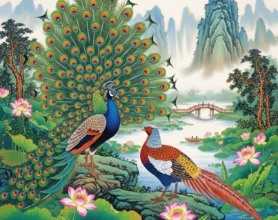 Chinese Diverse Theme Art Peacock and Pheasant Lotus Pond Wall Art