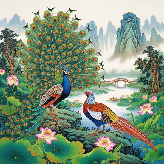 Chinese Diverse Theme Art Peacock and Pheasant Lotus Pond Wall Art