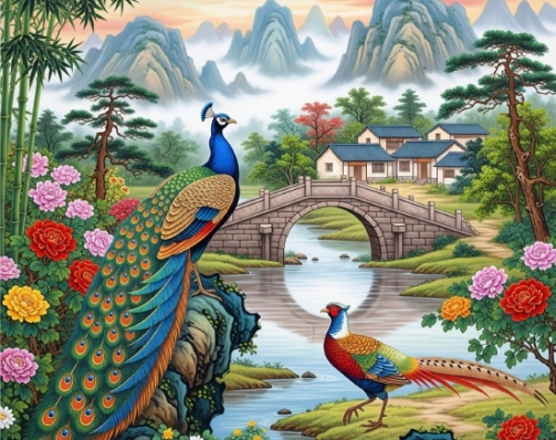 Chinese Diverse Theme Art Peacock and Pheasant Riverside Wall Art