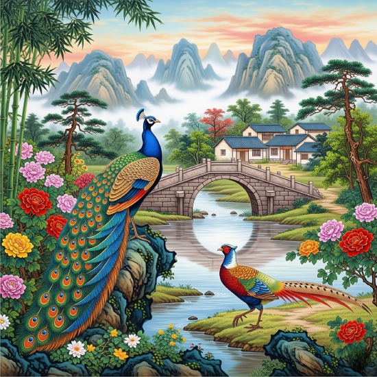 Chinese Diverse Theme Art Peacock and Pheasant Riverside Wall Art