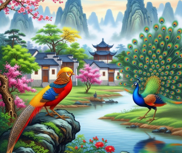 Chinese Diverse Theme Art Village Scene with Peacock Golden Pheasant