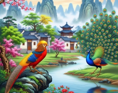 Chinese Diverse Theme Art Village Scene with Peacock Golden Pheasant