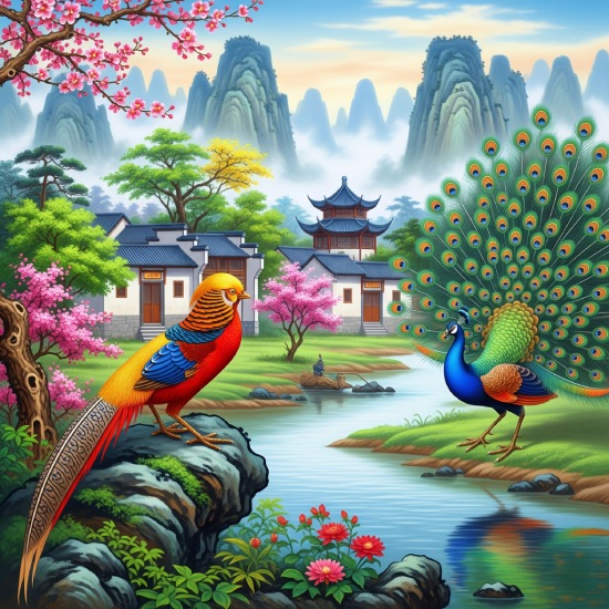 Chinese Diverse Theme Art Village Scene with Peacock & Golden Pheasant