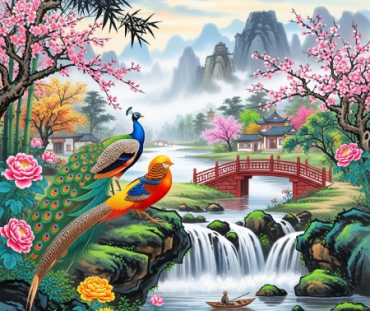 Chinese Diverse Theme Art Waterfall & Birds Digital Painting