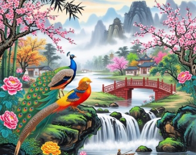 Chinese Diverse Theme Art Waterfall & Birds Digital Painting