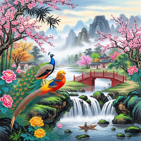 Chinese Diverse Theme Art Waterfall & Birds Digital Painting