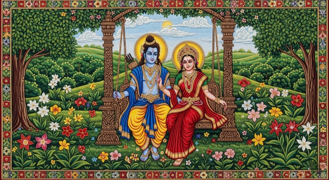 Divine Rama Sita Digital Wall Art, Printable Spiritual Painting Download