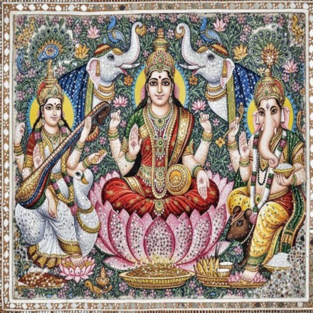 The Divine Trinity: Lakshmi, Saraswati, and Ganesha Lippan Art,Blessings of Prosperity, Knowledge, and Auspiciousness