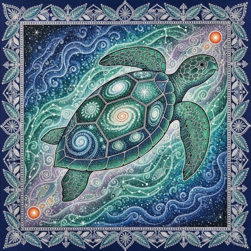 Cosmic Turtle Gond Art, Celestial Tribal Folk Painting