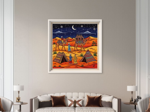 Rajasthani Desert Night Scene – Camel Caravan Art - Image 2