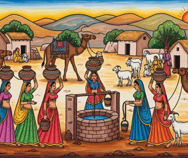 Rajasthani Village Women at Well – Desert Folk Art Scene1