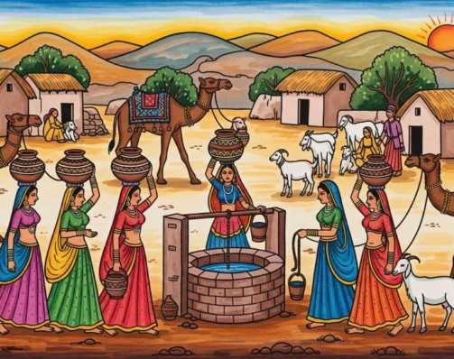 Rajasthani Village Women at Well – Desert Folk Art Scene1