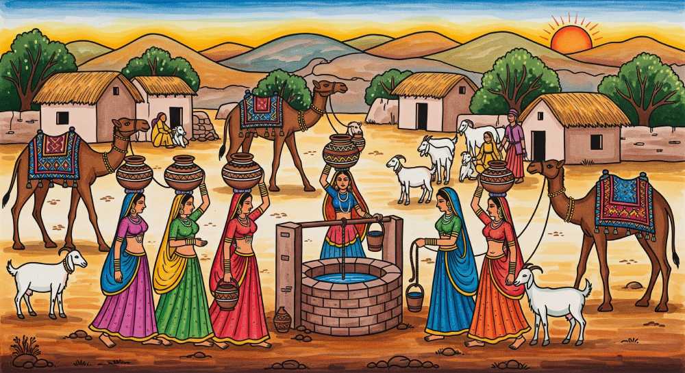 Rajasthani Village Women at Well – Desert Folk Art Scene