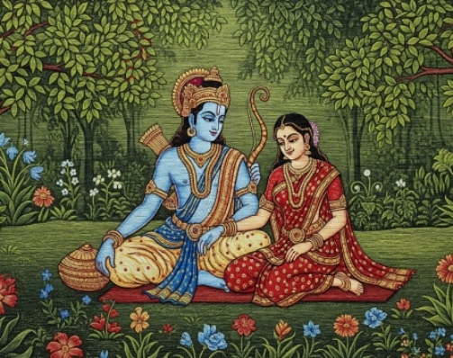 Ram Sita Forest Digital Painting Download, Printable Hindu Wall Art