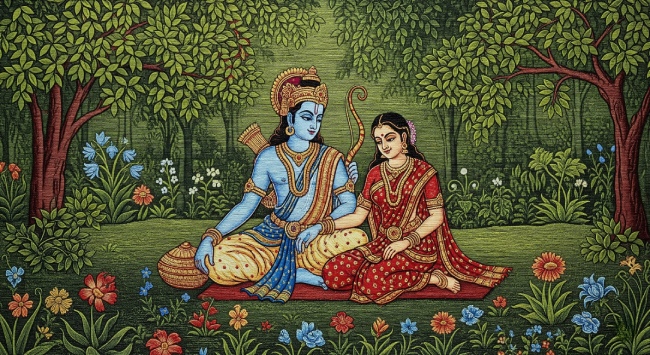 Rama Sita Forest Digital Painting Download, Printable Hindu Wall Art