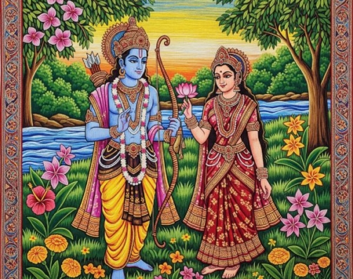 Rama Sita Digital Painting Download, Printable Hindu Wall Art