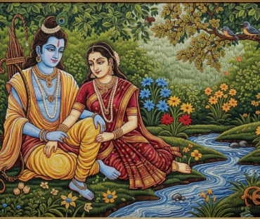 Rama Sita Riverside Digital Painting Download, Printable Hindu Wall Art