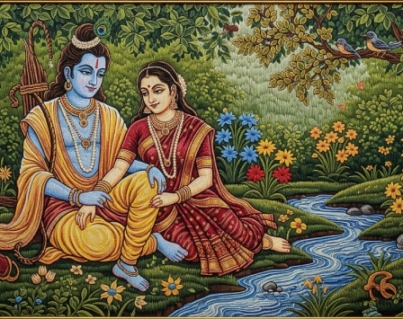 Rama Sita Riverside Digital Painting Download, Printable Hindu Wall Art