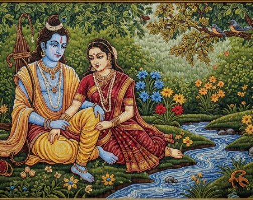 Rama Sita Riverside Digital Painting Download, Printable Hindu Wall Art
