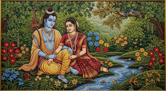 Rama Sita Riverside Digital Painting Download, Printable Hindu Wall Art