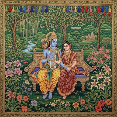 Rama Sita Seated Digital Painting Download, Printable Hindu Art