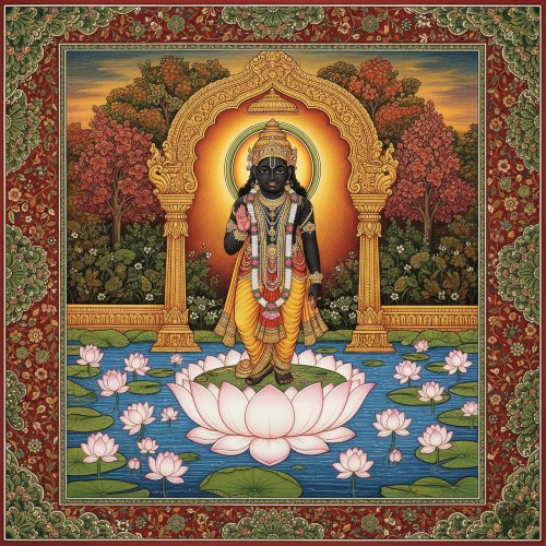 Shreenathji Pichwai Painting, Divine Lotus Pond Art