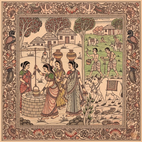 Kalamkari Art – Village Life Heritage Scene