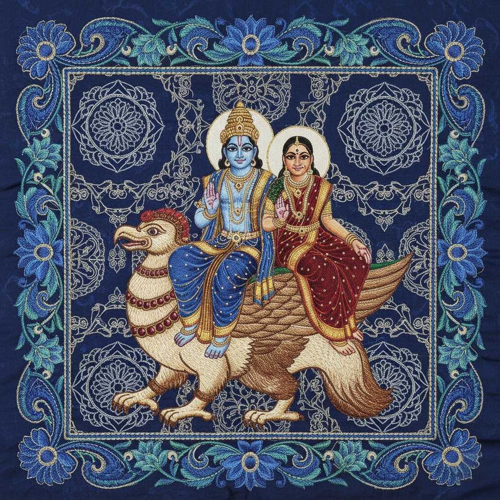 Vishnu Lakshmi Garuda Throne Embroidery Digital Art