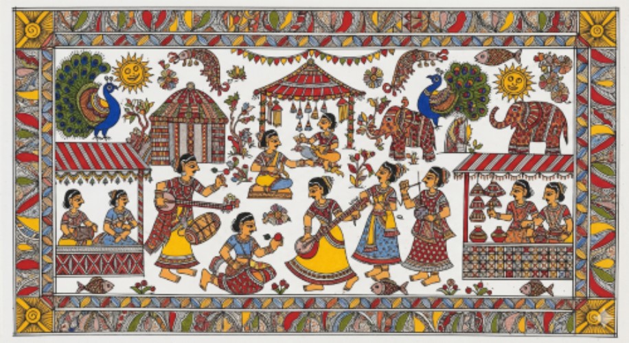 Village Festival Madhubani Painting, Traditional Folk Art,Mithila Art Wall Decor