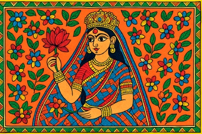 create madhubani art Indian queen square painting