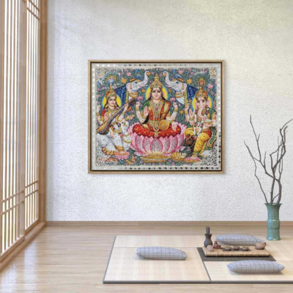 The Divine Trinity: Lakshmi, Saraswati, and Ganesha Lippan Art,Blessings of Prosperity, Knowledge, and Auspiciousness - Image 2